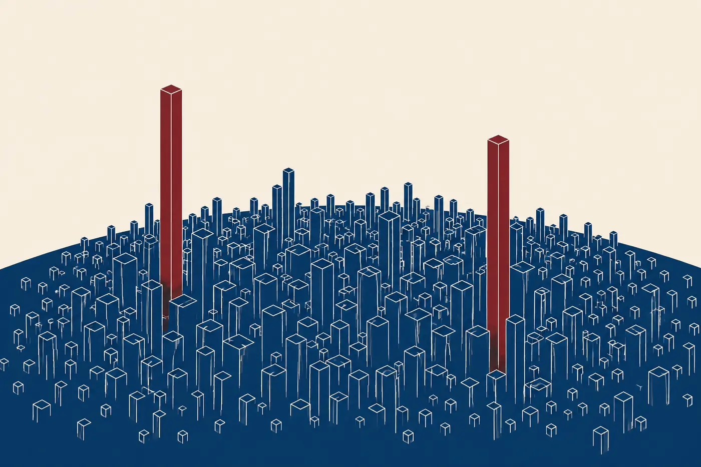 Abstract population density rendered as stacked forms across a curved horizon, two markedly taller than the rest