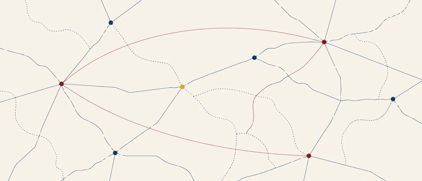 Abstract network of routes and nodes across an unlabelled field, a few long arcs connecting distant points over the shorter local links
