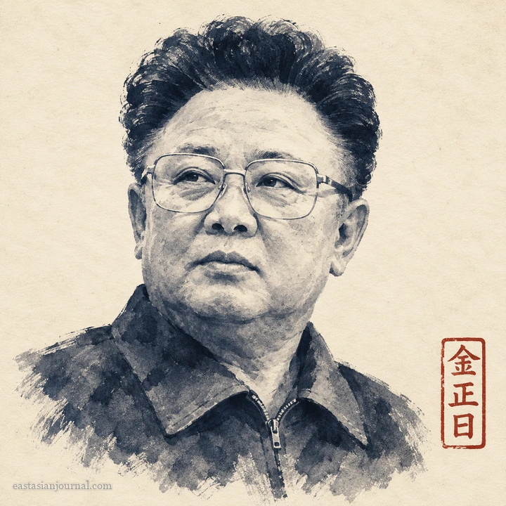 Portrait of Kim Jong Il, ink-wash illustration