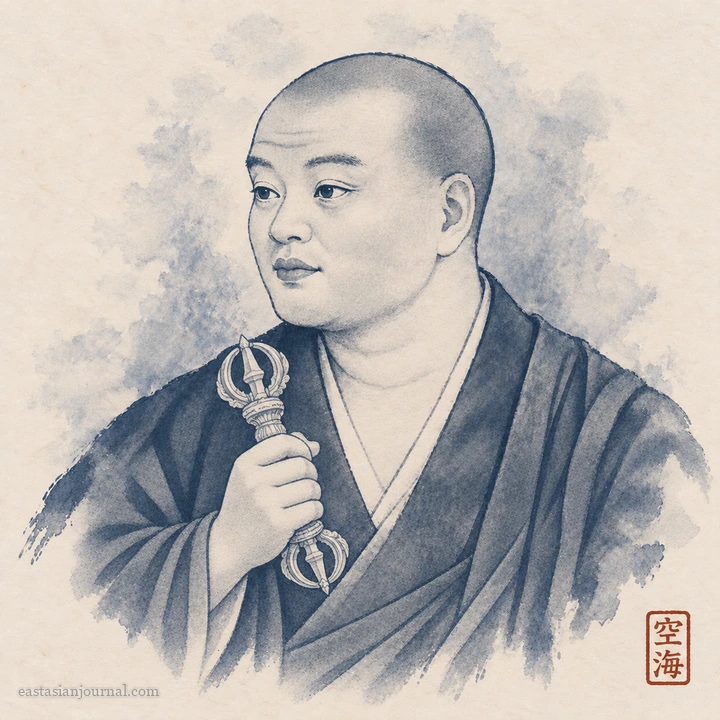 Portrait of Kūkai, ink-wash illustration