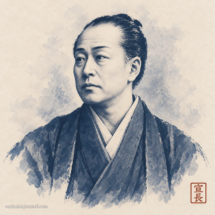 Portrait of Motoori Norinaga, ink-wash illustration