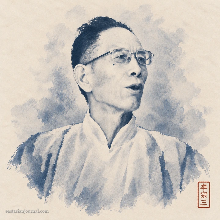 Portrait of Mou Zongsan, ink-wash illustration