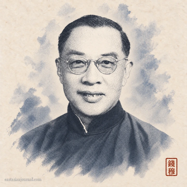Portrait of Qian Mu, ink-wash illustration